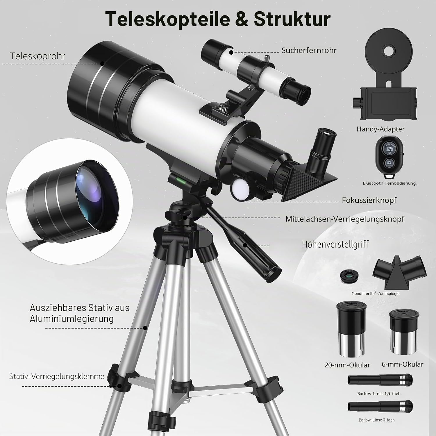 Detalle 2 de Astronomisches Teleskop Refraktor 70/300 mm von Xyvolve – ideal für Anfänger