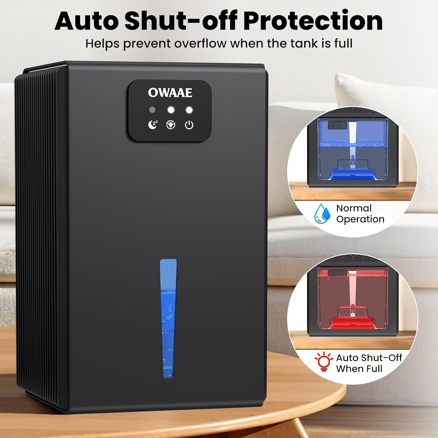 Detalle 2 de OWAAE Dehumidifier: Quiet, 1000 sq.ft Moisture Control with 95oz Tank and Ambient LED