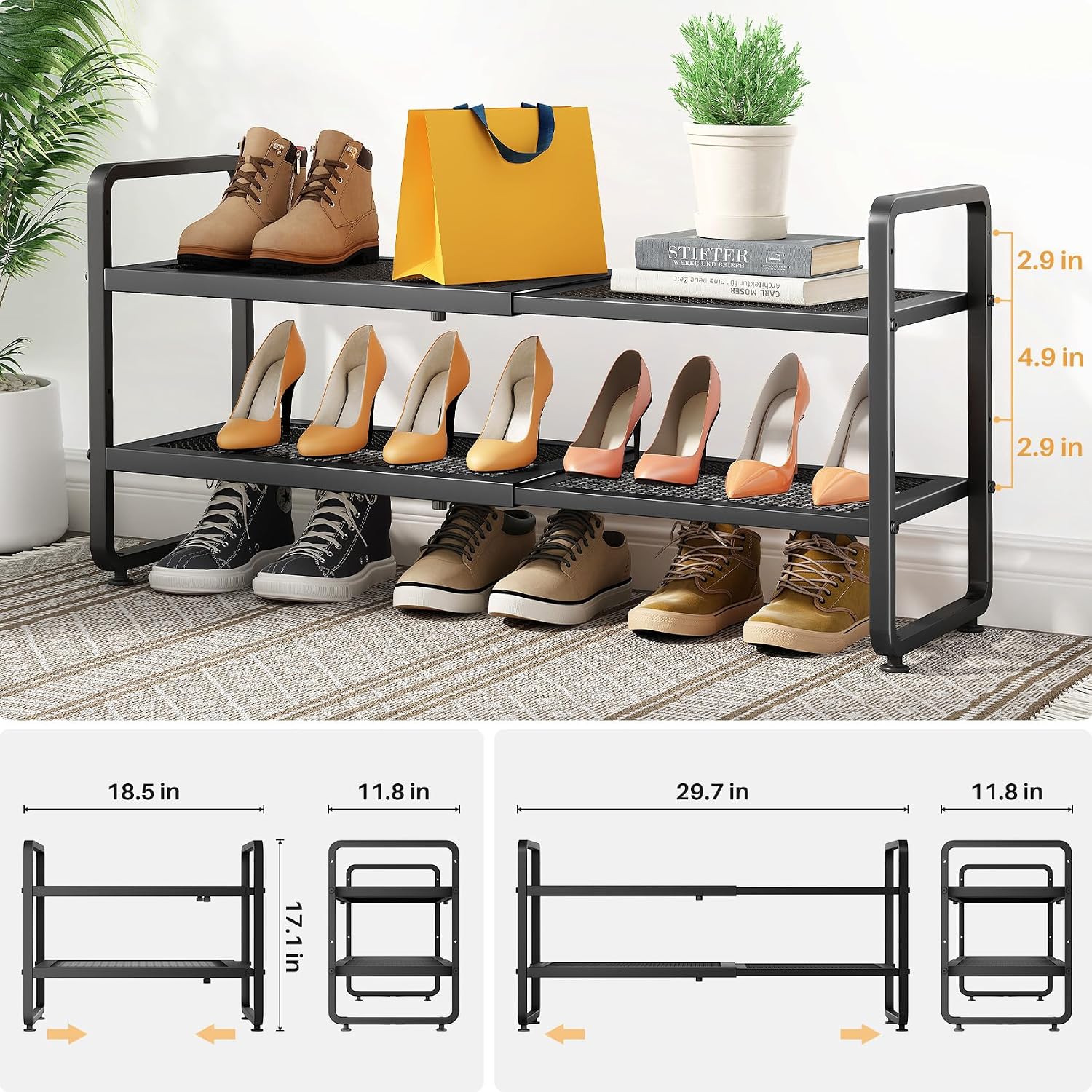 Thumbnail 2 de SNTD Expandable Metal Shoe Rack, 2-Tier, Black, Adjustable Height