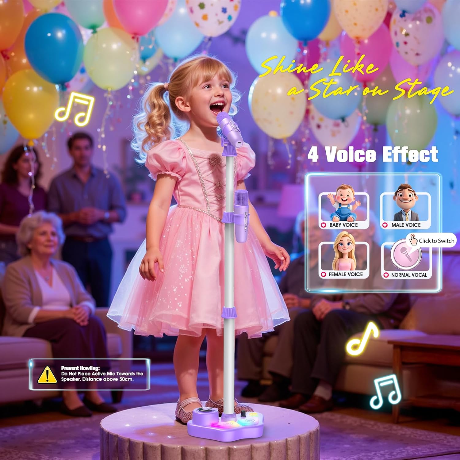 Detalle de Kids Karaoke Machine with Child Stand, Rechargeable Mic & Dual Wireless Microphones (LED Lights, Bluetooth)
