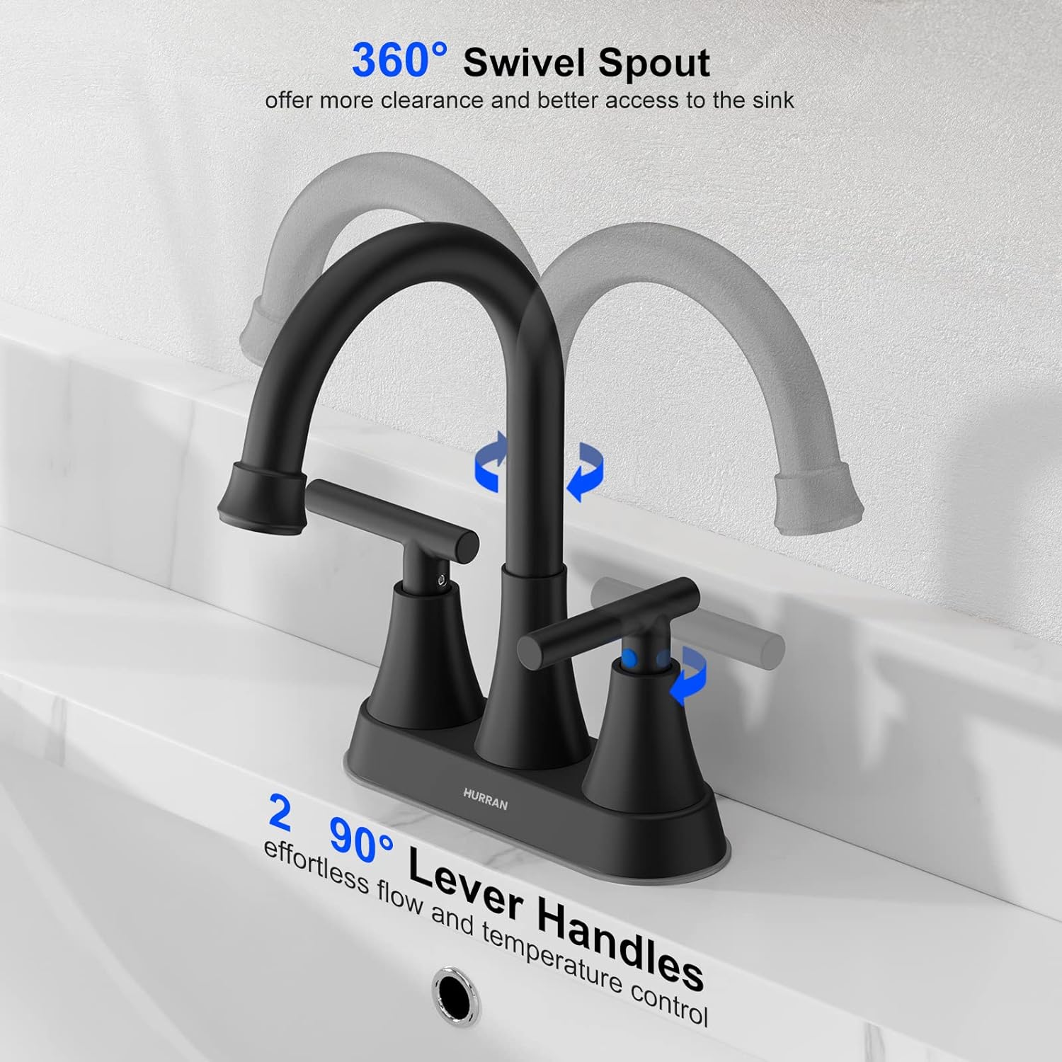 Detalle de Hurran 4-Inch Centerset Matte Black Bathroom Faucet (3-Hole Sink) with Pop-Up Drain and Supply Hoses