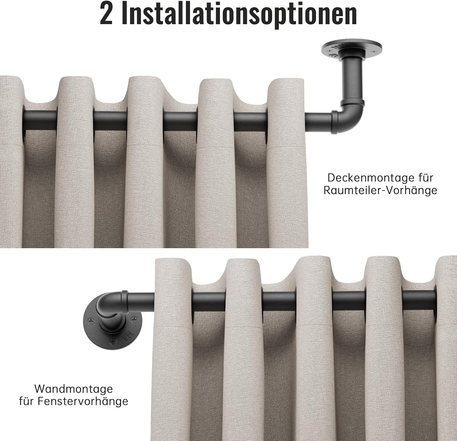Detalle de DEFYNEE Gardinenstange Schwarz (80 bis 218 cm) – ausziehbare Industrial-Stange für Deckenmontage