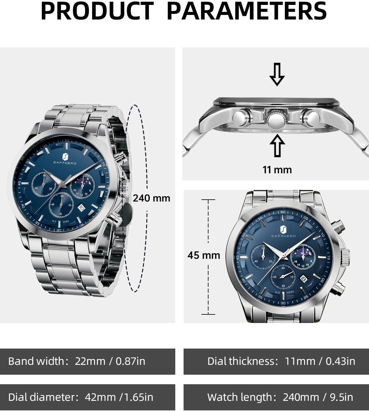 Detalle de BENYAR Men's Watch UK: Classic Chronograph with Leather Strap