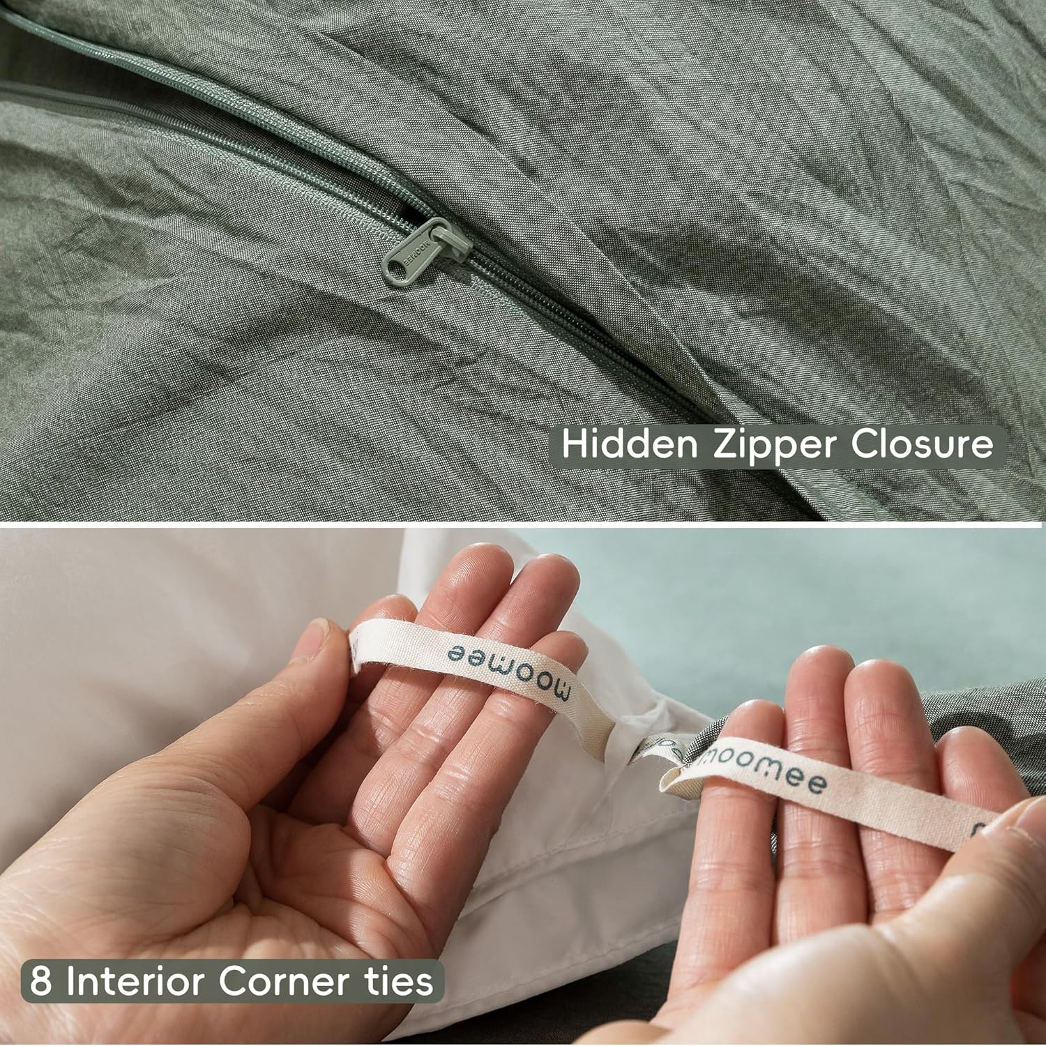Thumbnail 5 de MooMee Bedding Duvet Cover Set: 100% Washed Cotton, Linen-Like Texture in Heathered Green (King, 104x90)