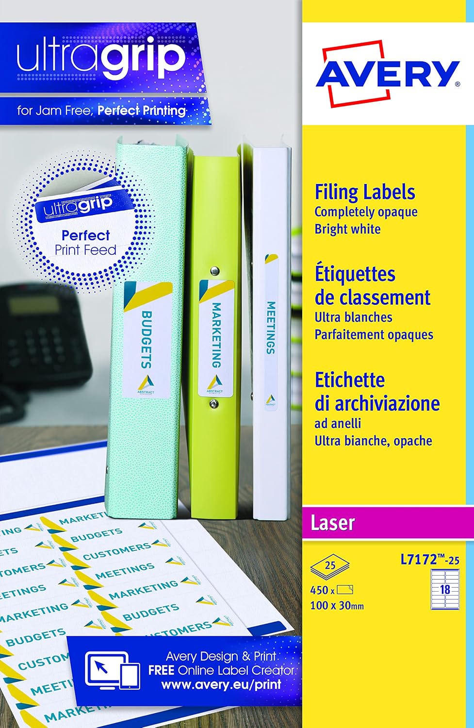 Detalle 2 de Avery L7172-25 Printable, Customisable Ring Binder File Labels (18 per A4 Sheet) in White
