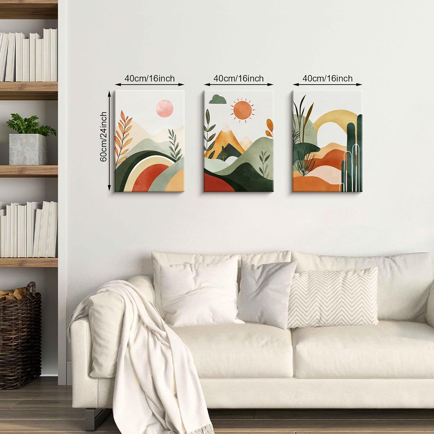 Thumbnail 1 de 3-teilige Leinwandbilder im Boho-Look (Grün) mit Berg & Sonne, ca. 120x60 cm, gerahmt