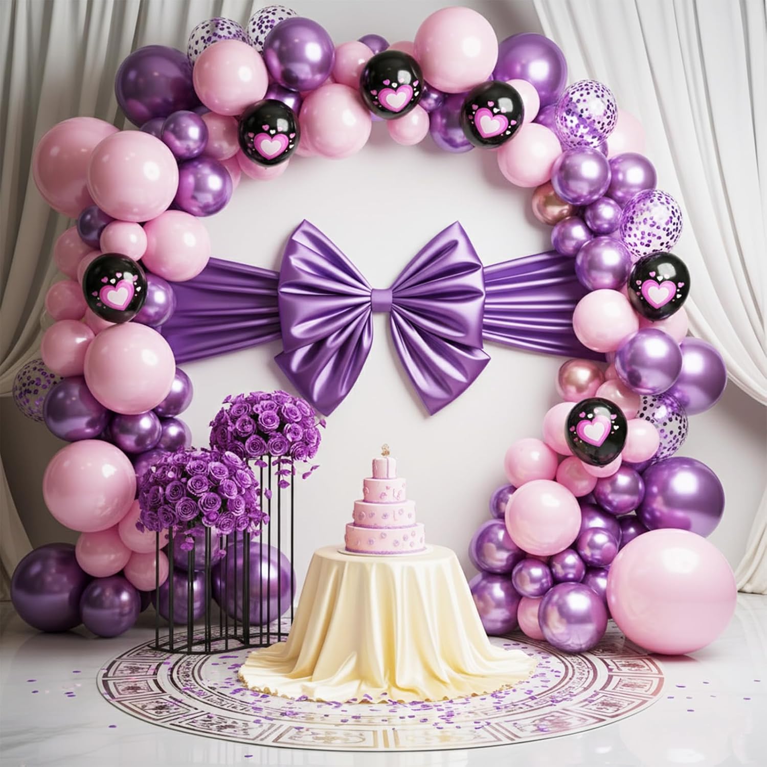 Detalle 2 de Pink Purple Black Balloons, 50PCS 12 Inch - Black Macaron Metallic Purple Pink Heart Printed for Princess Theme Party