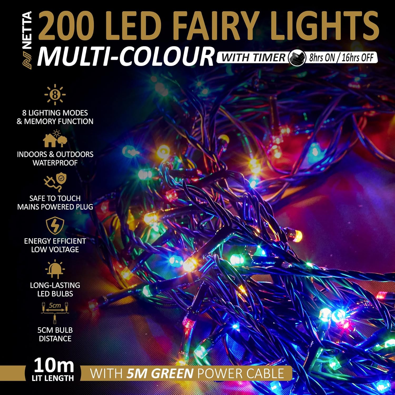 Thumbnail 1 de NETTA Christmas Tree Lights 200 LED 10m Fairy String Lights with Timer & Memory (Multi-coloured)