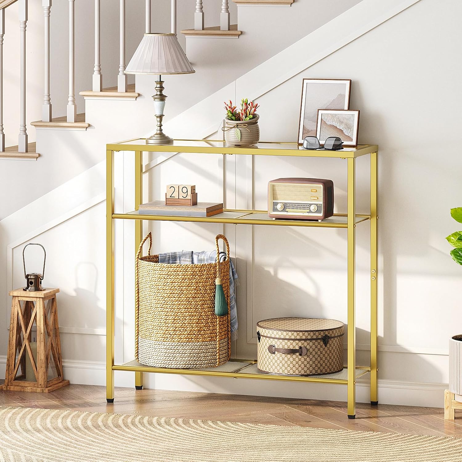 Thumbnail 1 de HOOBRO 3-Tier Gold Console Table with Tempered Glass – Minimalist Gold Frame, 4mm Glass, 3 Shelves