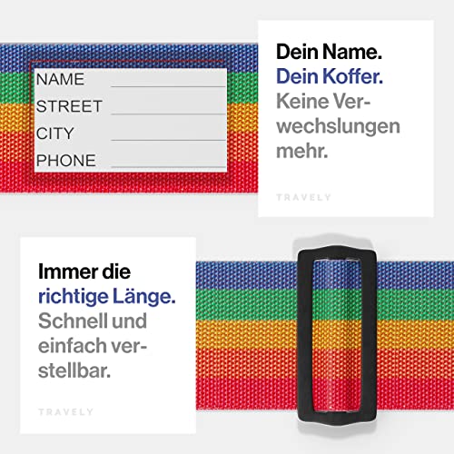 Detalle de Travely Premium Koffergurt – Regenbogen-Set, 2er Pack mit Namensschildern