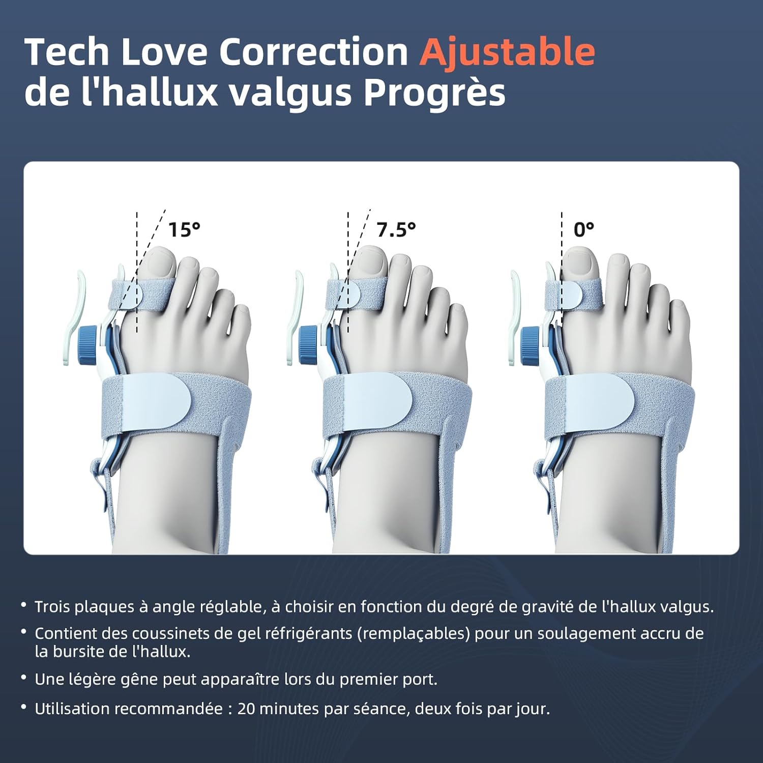 Detalle de Tech Love Orthèse Hallux Valgus avec Coussin Rafraîchissant et Réglage à 3 Angles – Bleu (1 PCS)
