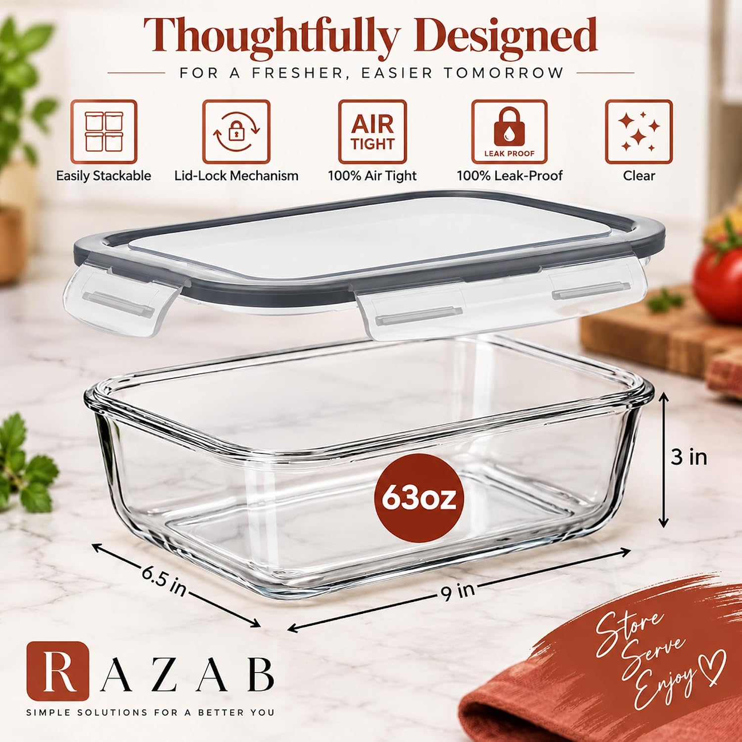Detalle de Razab 63 oz 2-Pack Borosilicate Glass Food Storage Containers with Lids