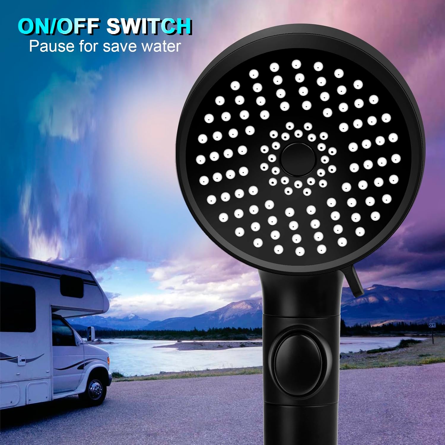 Detalle de FOCSPROD HS004 RV Handheld Shower Head, 5 Modes, 60-Inch Hose, Matte Black