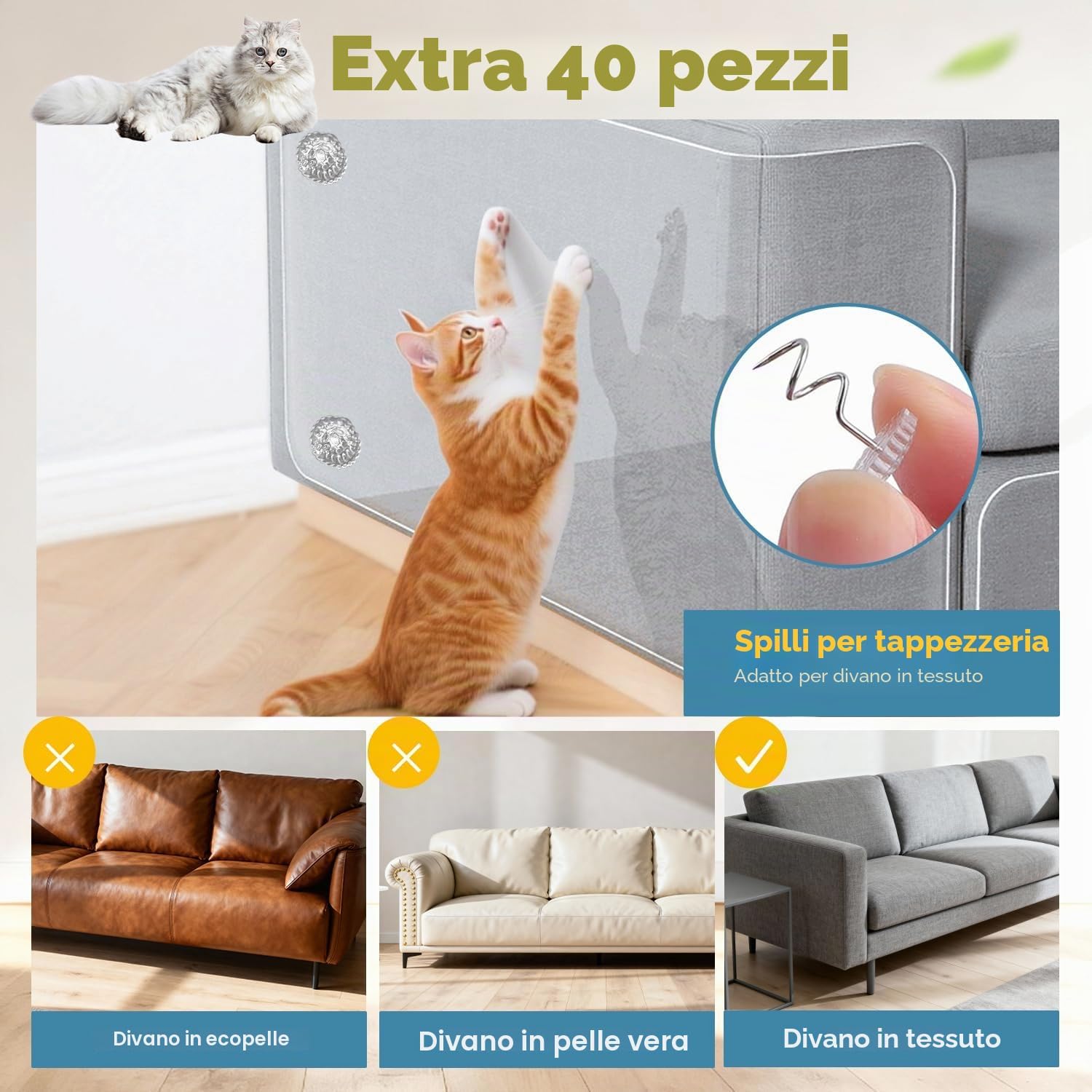 Detalle de Protezione antigraffio per divano per gatti 40x800 cm in PVC – proteggi mobili e superfici
