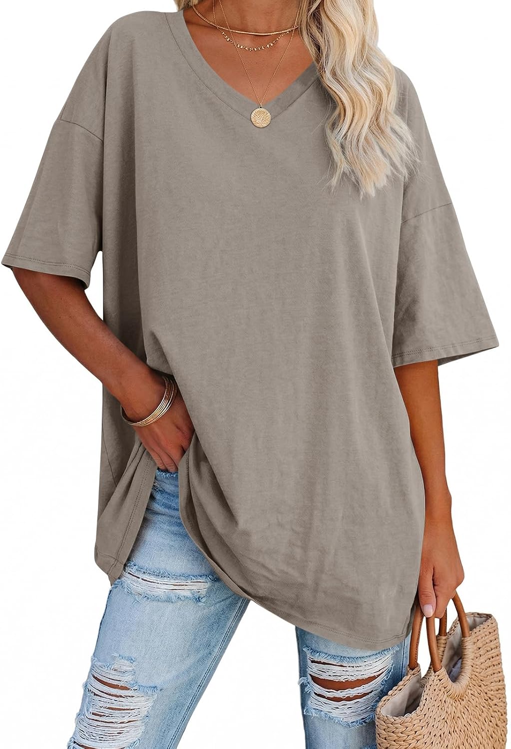 Thumbnail 6 de Ebifin T-Shirt Oversize Femme à Col V – Rouge, XXL