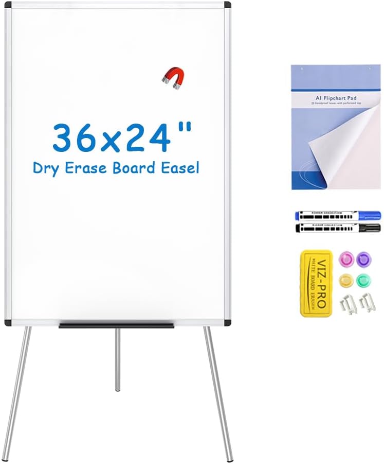 VIZ-PRO Magnetic Whiteboard Easel, 90 x 60 cm – Portable, Height-Adjustable Dry Erase Board