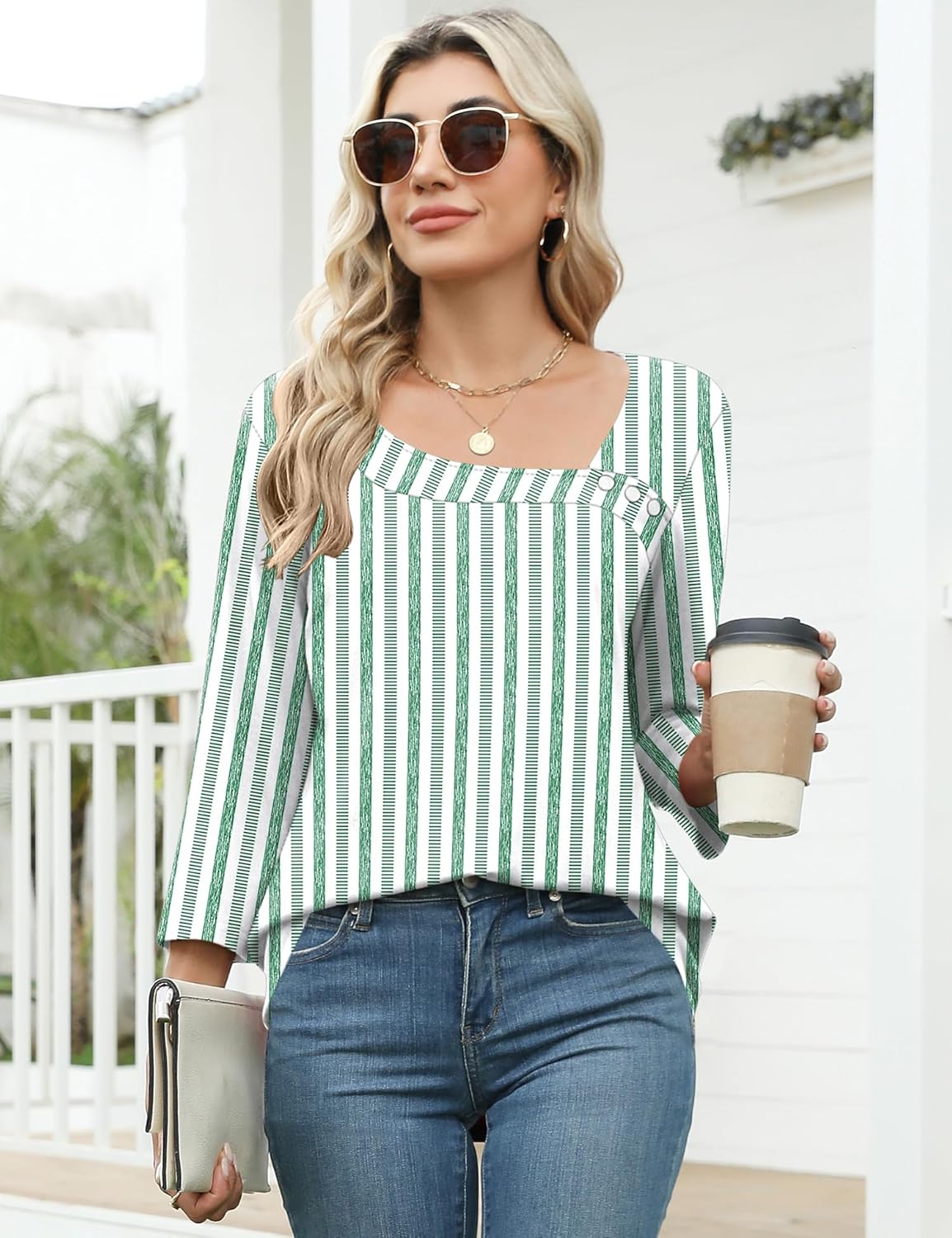Detalle de Kistore Bluse Damen 3/4 Arm Asymmetrischer Ausschnitt – Tunika & Top in 3 Designs