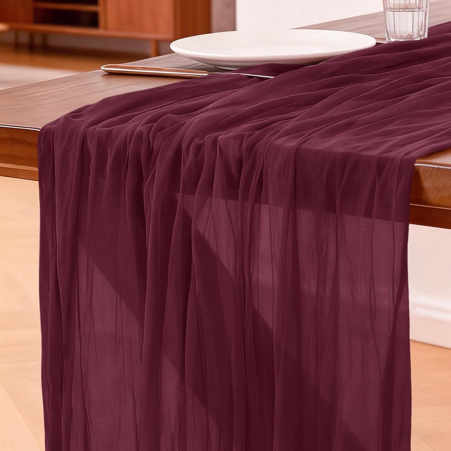 Detalle de Foatcox ZQ018 tafelloper van gaas, donkerrood, 90 x 300 cm, boho