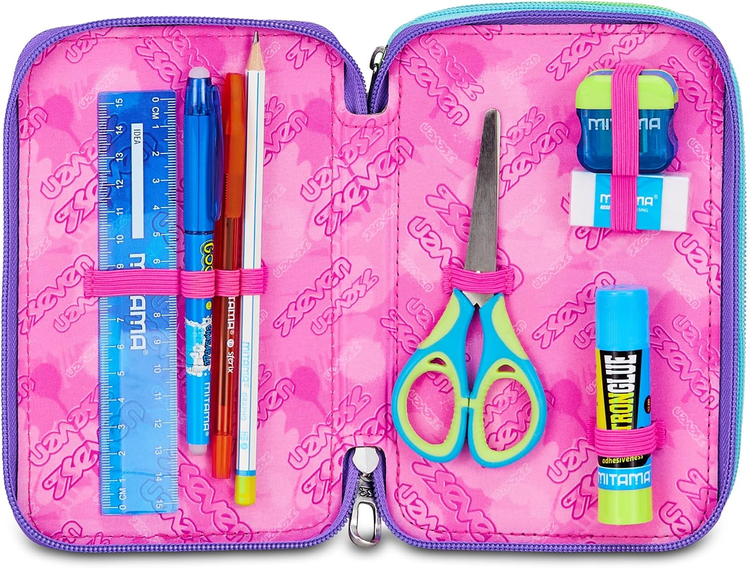 Detalle de Seven Astuccio Scuola Elementare a 3 scomparti con Zip blu/viola – tutto l’occorrente a portata di mano