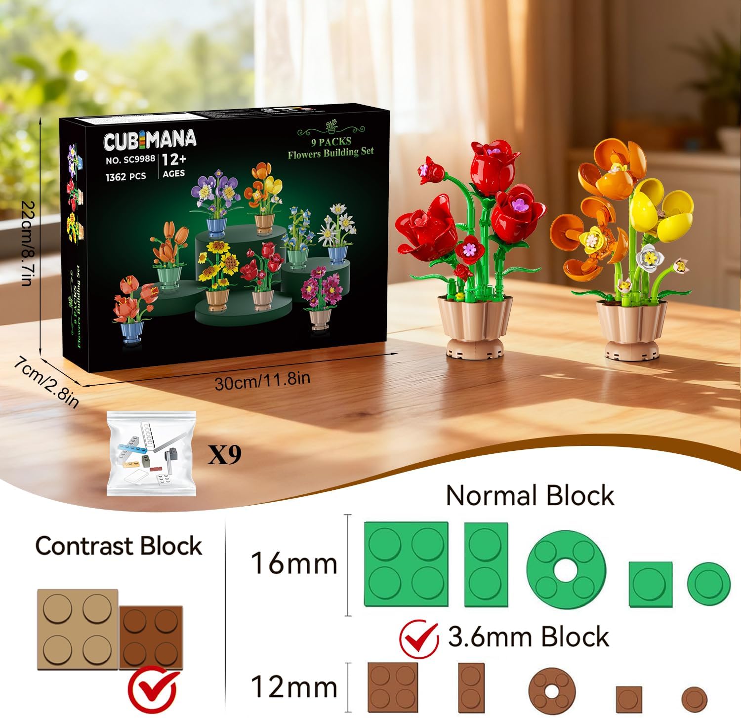 Detalle 2 de CUBIMANA 9 Blumen Bausatz „Botanicals Collection“ (3,6 mm Mini-Steine, 1.362 Teile) – für Deko & kreatives Bauen