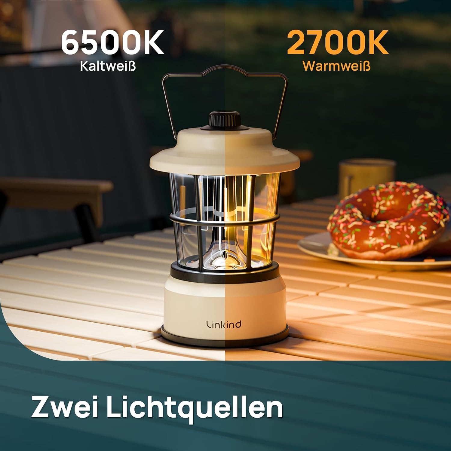 Detalle de Linkind CL1 LED Campinglampe dimmbar – 2er-Set, Vintage-Design, IP44, 200 Std. Warmlicht