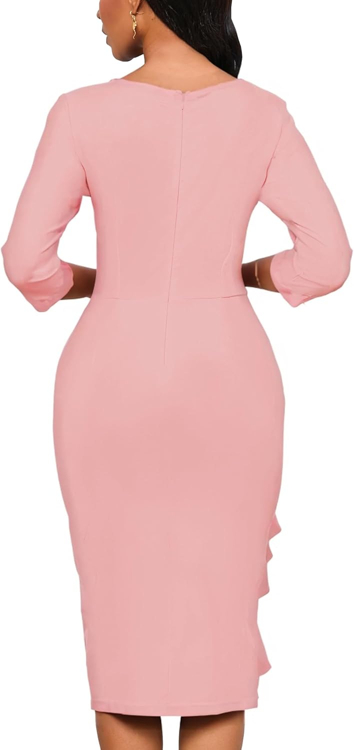 Detalle 2 de Church Dresses for Women 3/4 Sleeve Bodycon Ruffle Midi Dress