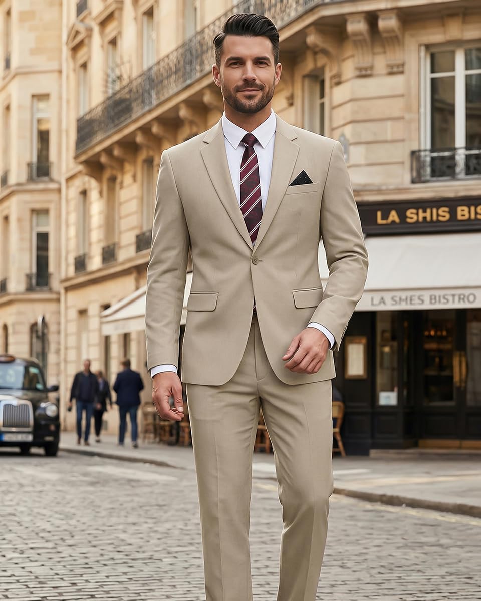 Detalle 2 de WYWK Men’s Slim-Fit Suit Set, One-Button Solid-Colour Jacket and Trousers