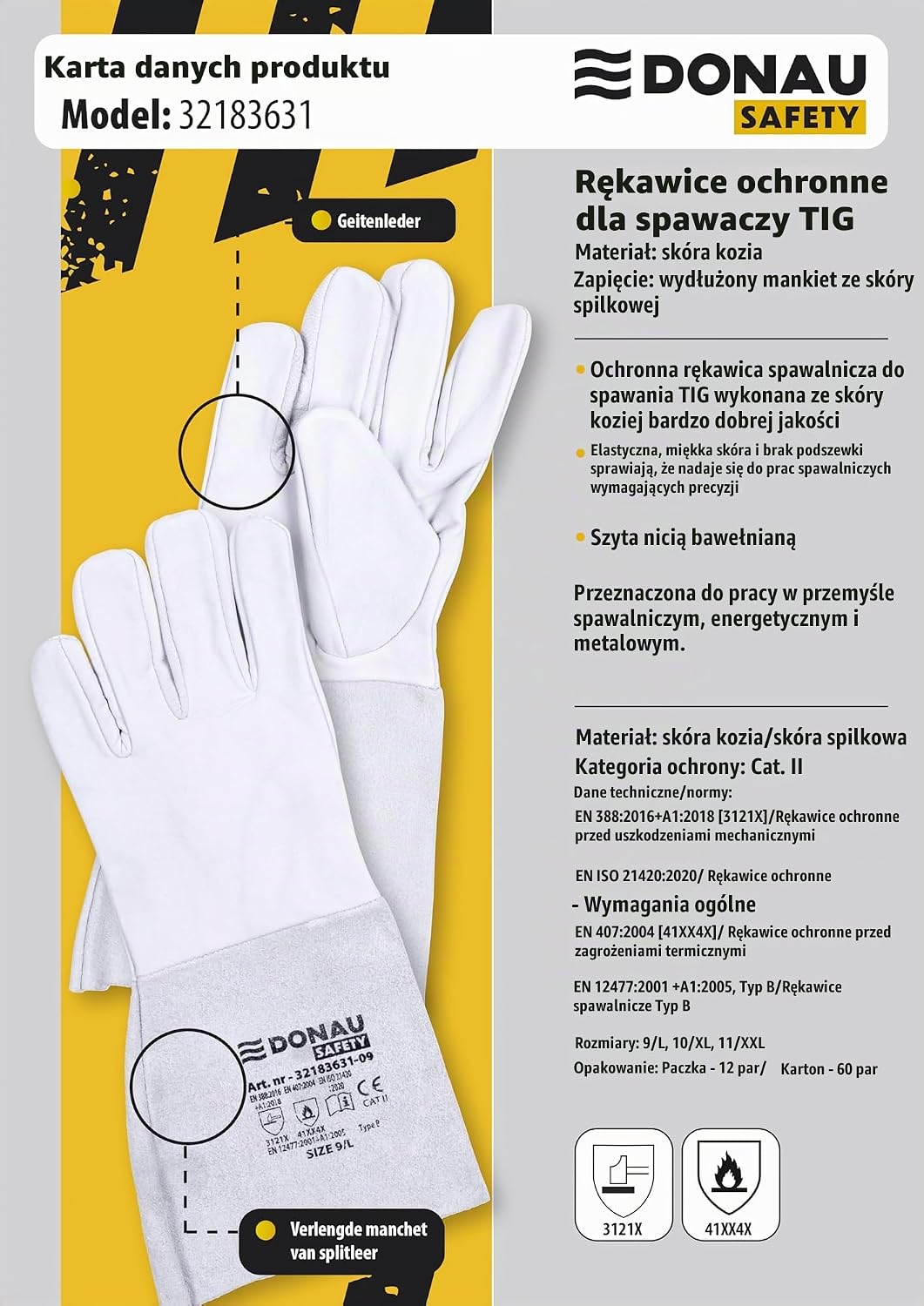 Detalle 2 de DONAU SAFETY 32183631-10 – rękawice TIG ze skóry koziej, rozmiar 10