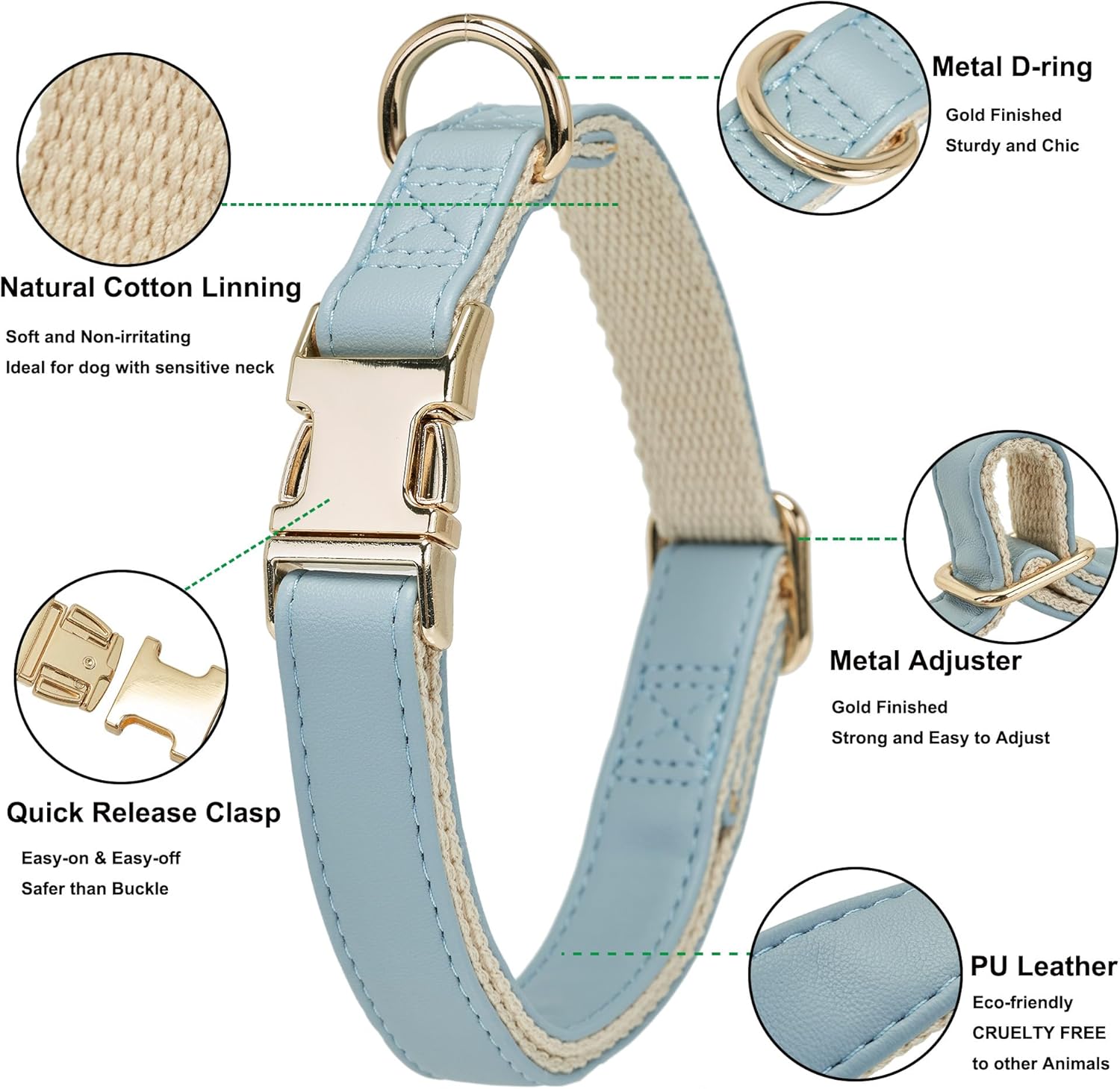 Thumbnail 3 de YUDOTE Soft Leather Dog Collar with Safety Quick Release (Natural Cotton Padded) – Light Blue, XS