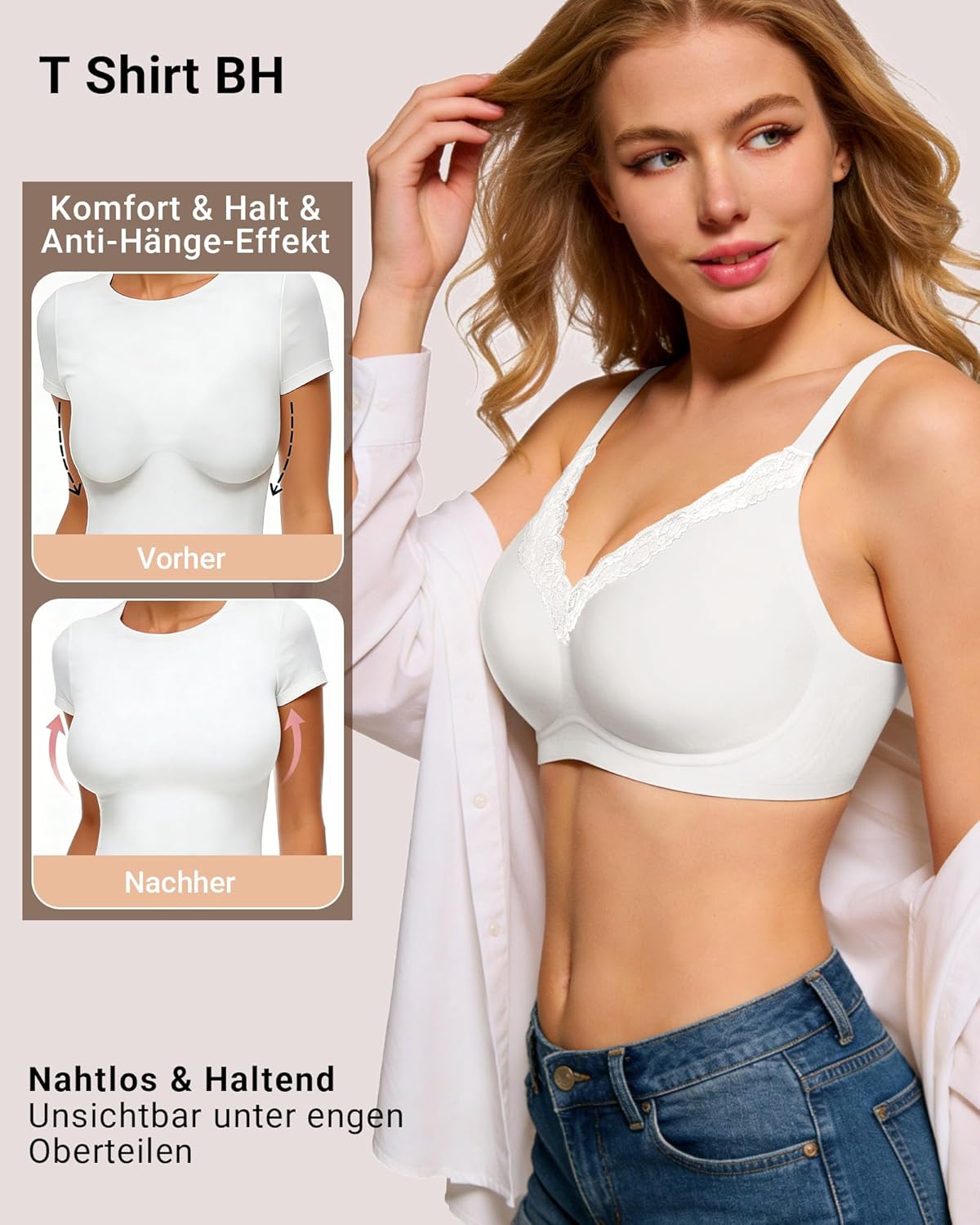Thumbnail 3 de HORISUN BH Damen ohne Bügel mit V-Ausschnitt und Spitzenbesatz – nahtloser T-Shirt-BH mit sanftem Halt