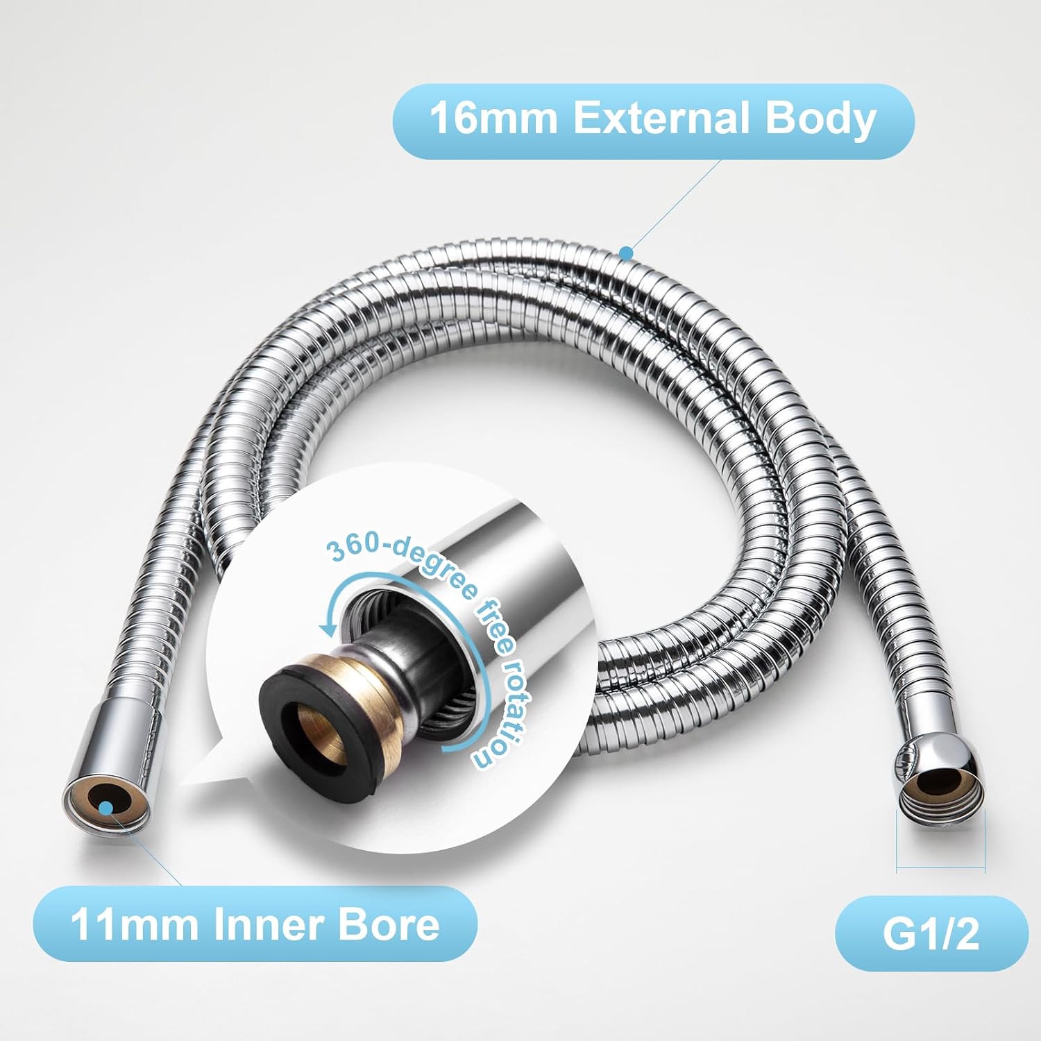 Detalle de OFFO Large Bore Shower Hose 11mm Bore High-Flow, 1.5m, Chrome