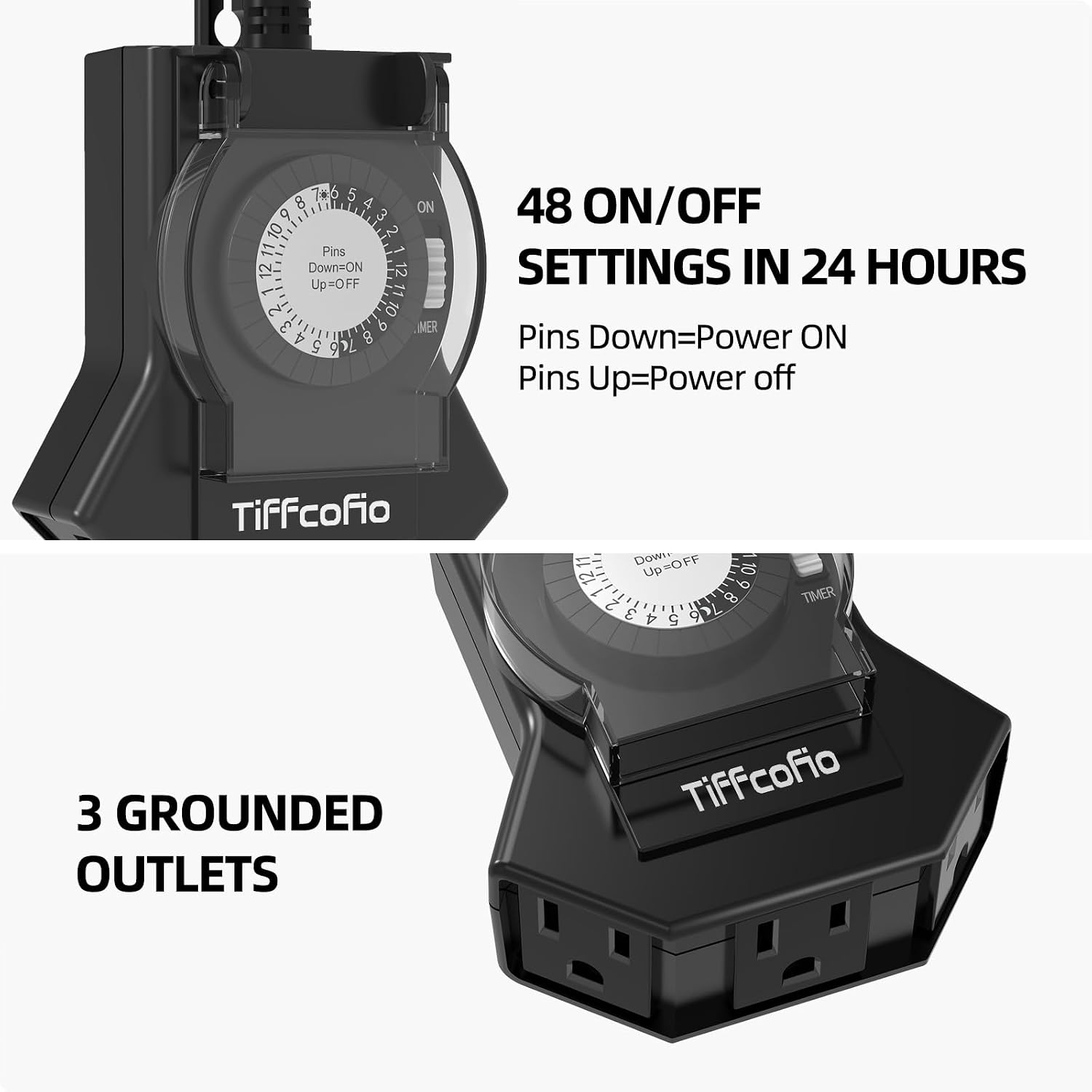 Detalle de Tiffcofio TF-204 Outdoor Mechanical Timer with 3 Grounded Outlets