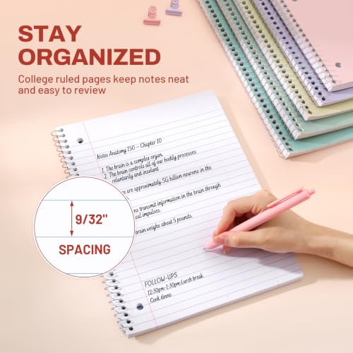 Thumbnail 4 de SUNEE 1-Subject Spiral Notebooks, 5-Pack — 8 x 10.5, 70 Sheets Each, College Ruled, 3-Hole Punch, Pink-Purple-Blue-Green-Yellow