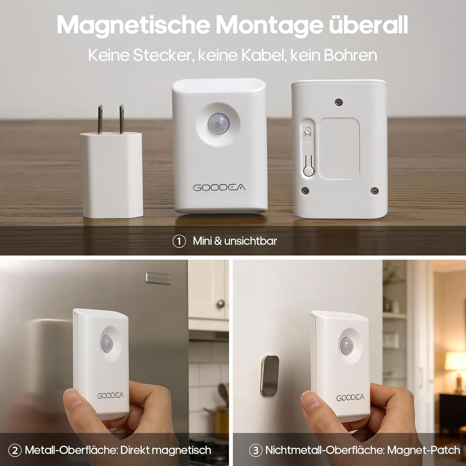 Thumbnail 3 de GOODEA Nachtlicht mit Bewegungsmelder 4 Stück – USB C aufladbar, dimmbar, magnetische Montage, warmweiß, Auto-EIN/AUS