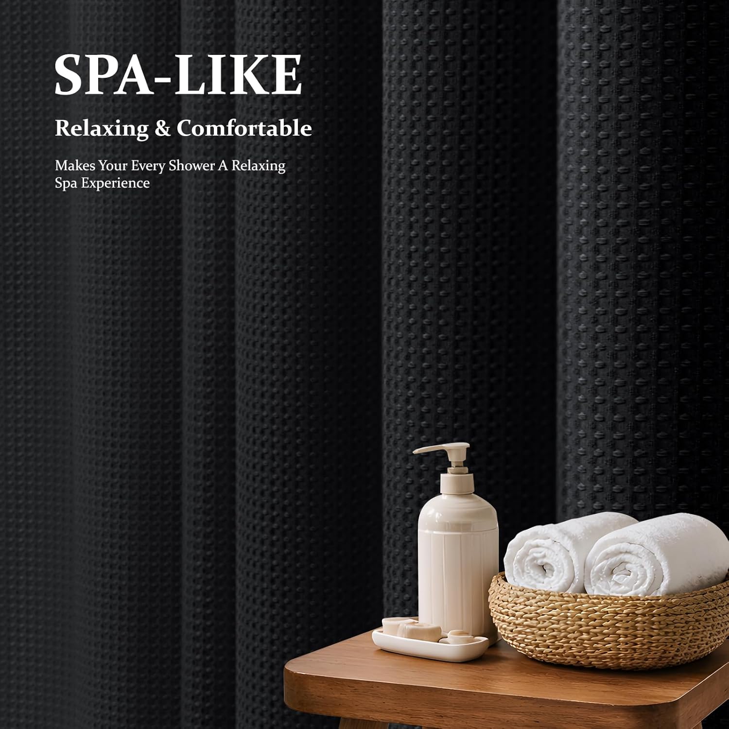 Detalle de Dynamene 84-Inch Waffle Weave Shower Curtain, 256 GSM, Black