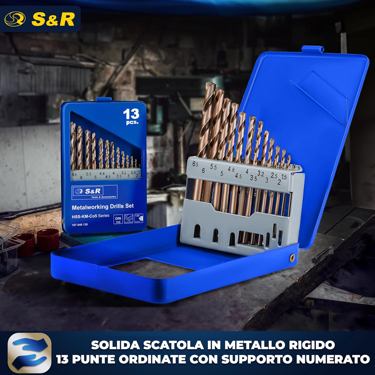 Detalle de Set punte trapano S&R in lega di cobalto 1,5–6,5 mm, 13 pezzi – DIN 338, HSS Cobalto 5%