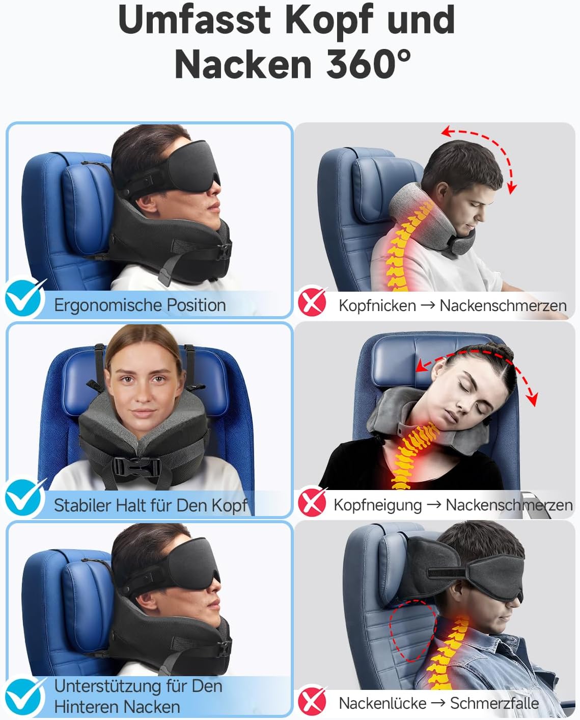 Thumbnail 3 de Umisleep Nackenkissen Flugzeug mit 3D-Schlafmaske und Memory Foam – 360°-Stütze für Kopf & Nacken, Schwarz