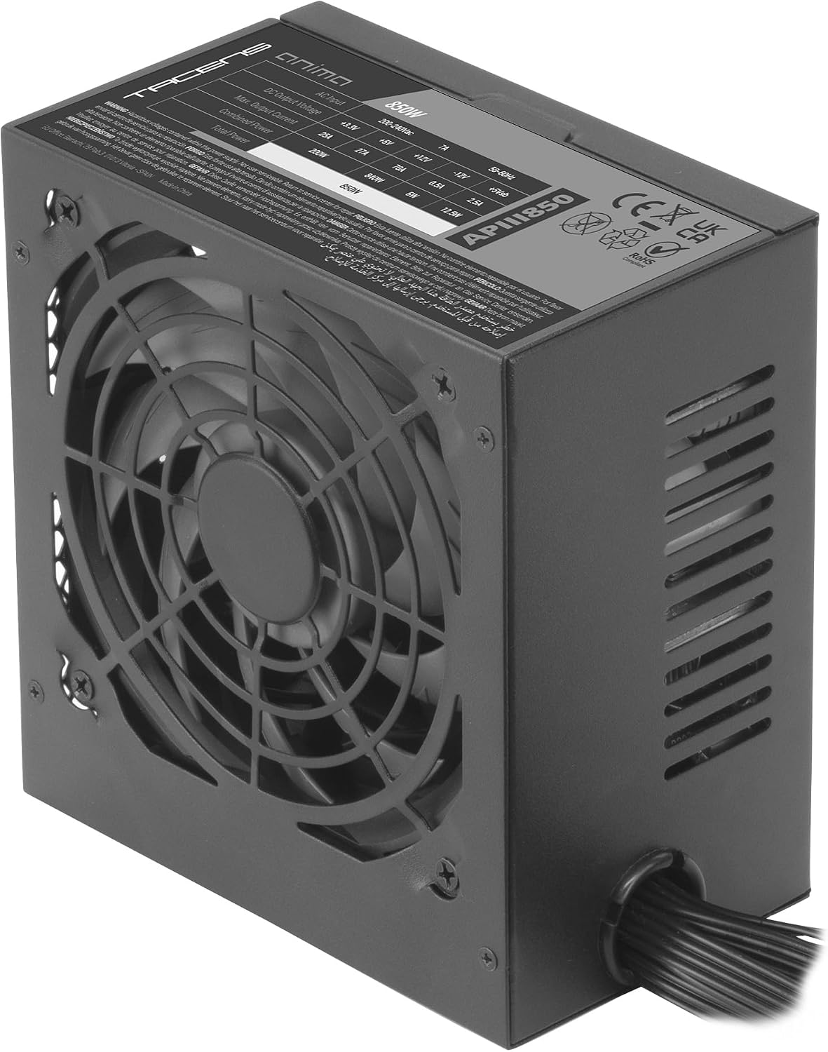 Detalle de TACENS ANIMA APIII850, alimentatore ATX 850W 12V con DC-DC, efficienza Bronze 85% e ventola 120 mm ultra-silenziosa