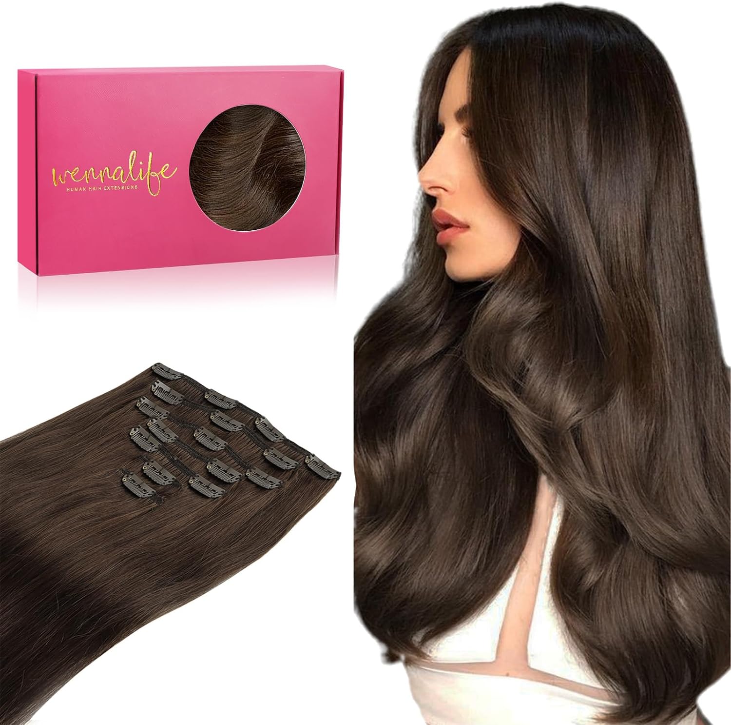 WENNALIFE Extension Capelli Veri Clip Remy 50 cm 120 g (7 pezzi) Marrone Cioccolato