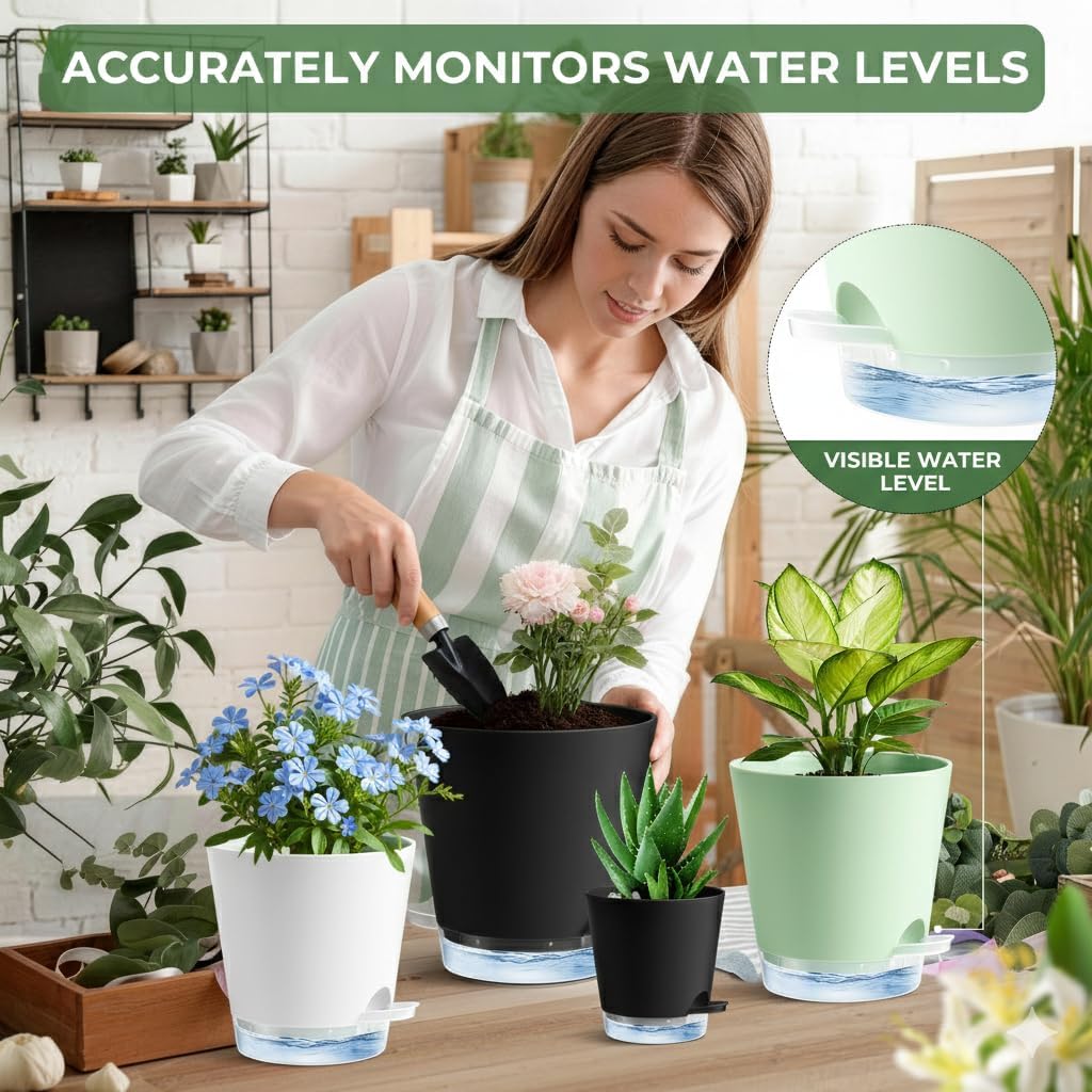 Detalle de Zishine Self-Watering Plant Pots, 6-Pack with Clear Reservoir, 4–7 in