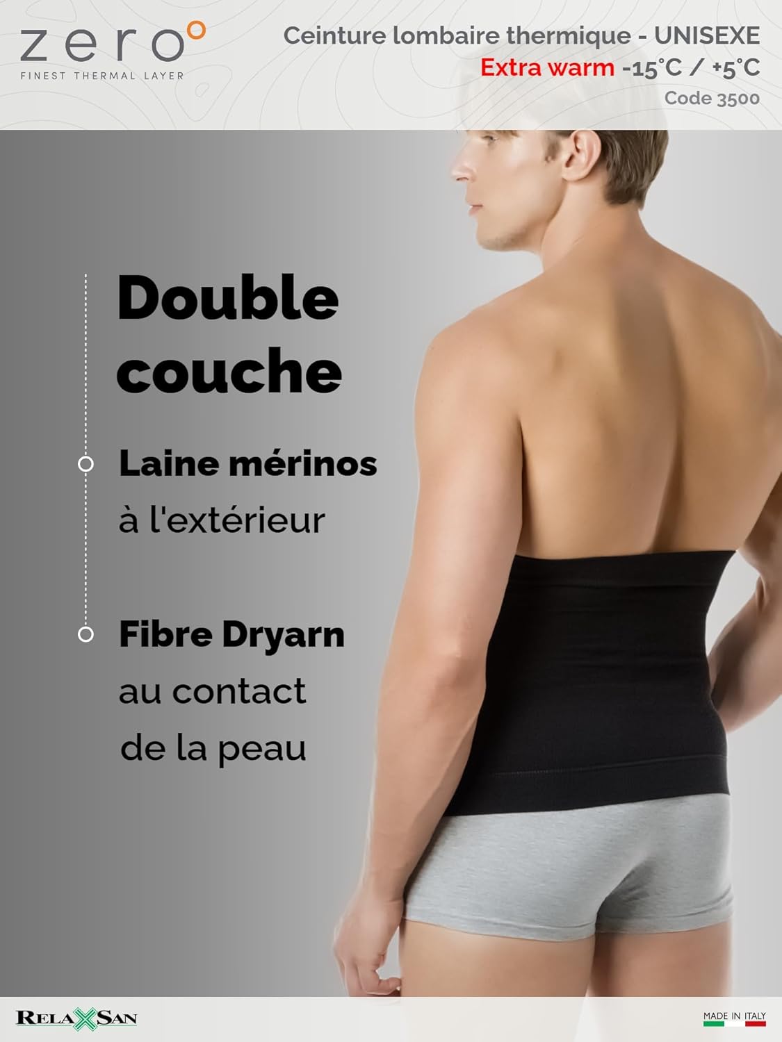 Thumbnail 3 de Relaxsan Zero 3500 ceinture lombaire thermique en laine mérinos et Dryarn (Noir, taille S)