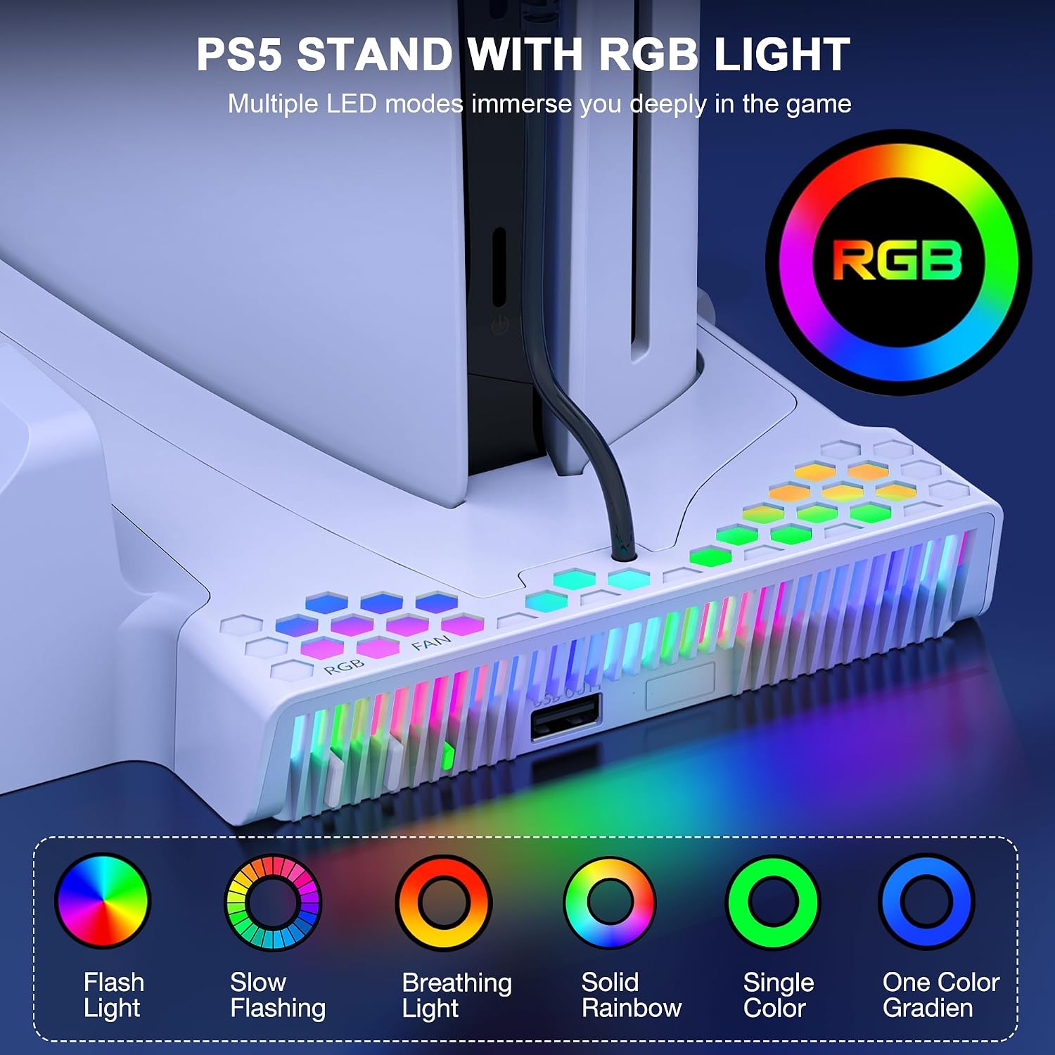 Detalle de HELLCOOL PS5 Wandhalterung: All-in-One Standfuß mit Kühlung, Ladefunktion und RGB für PS5 Slim/Disc/Digital