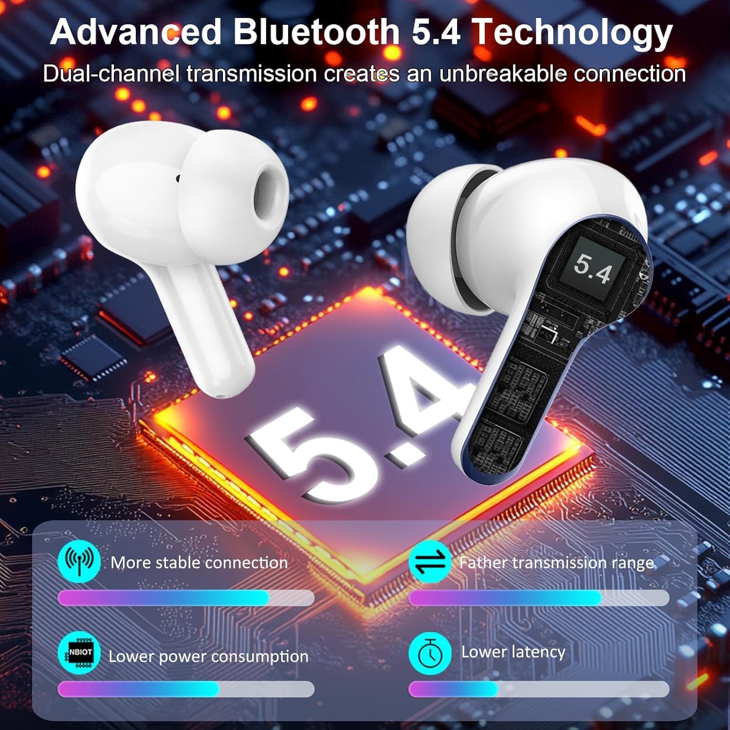 Detalle de Écouteurs Bluetooth 5,4 sans fil micro CVC 8.0, réduction de bruit ENC, étui 48 h LED et étanchéité IPX7 (noir)
