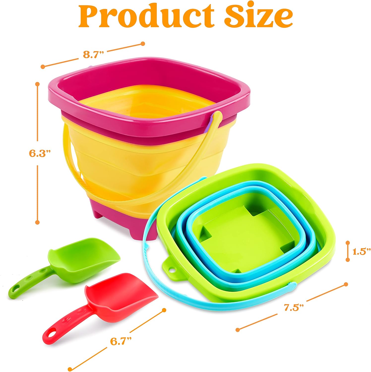 Detalle de Sloosh 3er Set faltbare Eimer für Kinder mit 3 Schaufeln – 2,7 L Kapazität, Sandkasten & Strandspielzeug
