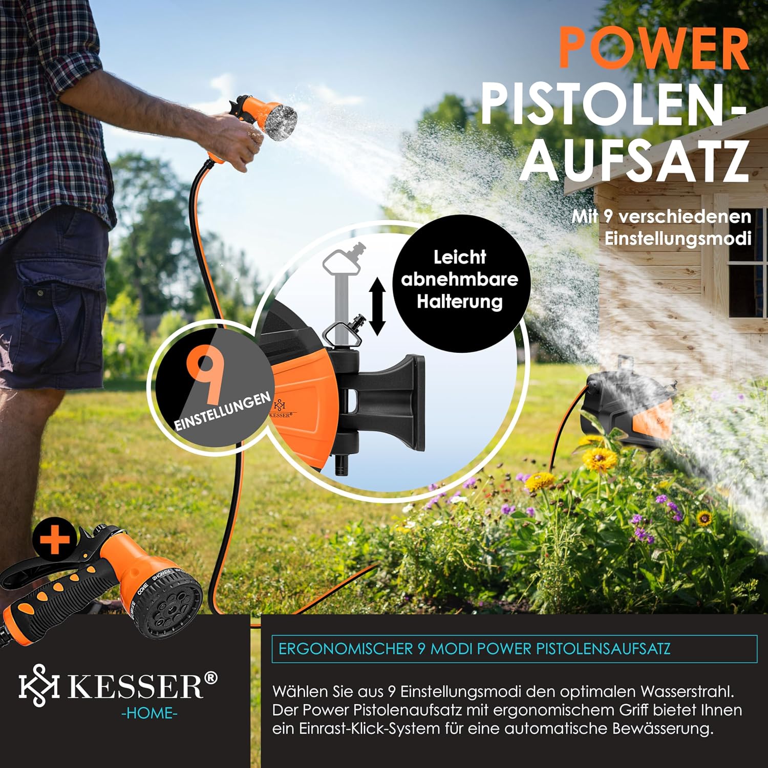 Detalle de KESSER® automatische Schlauchtrommel 30 m + 2 m – Wandbox mit Aufrollautomatik, 9‑Funktionen Handbrause