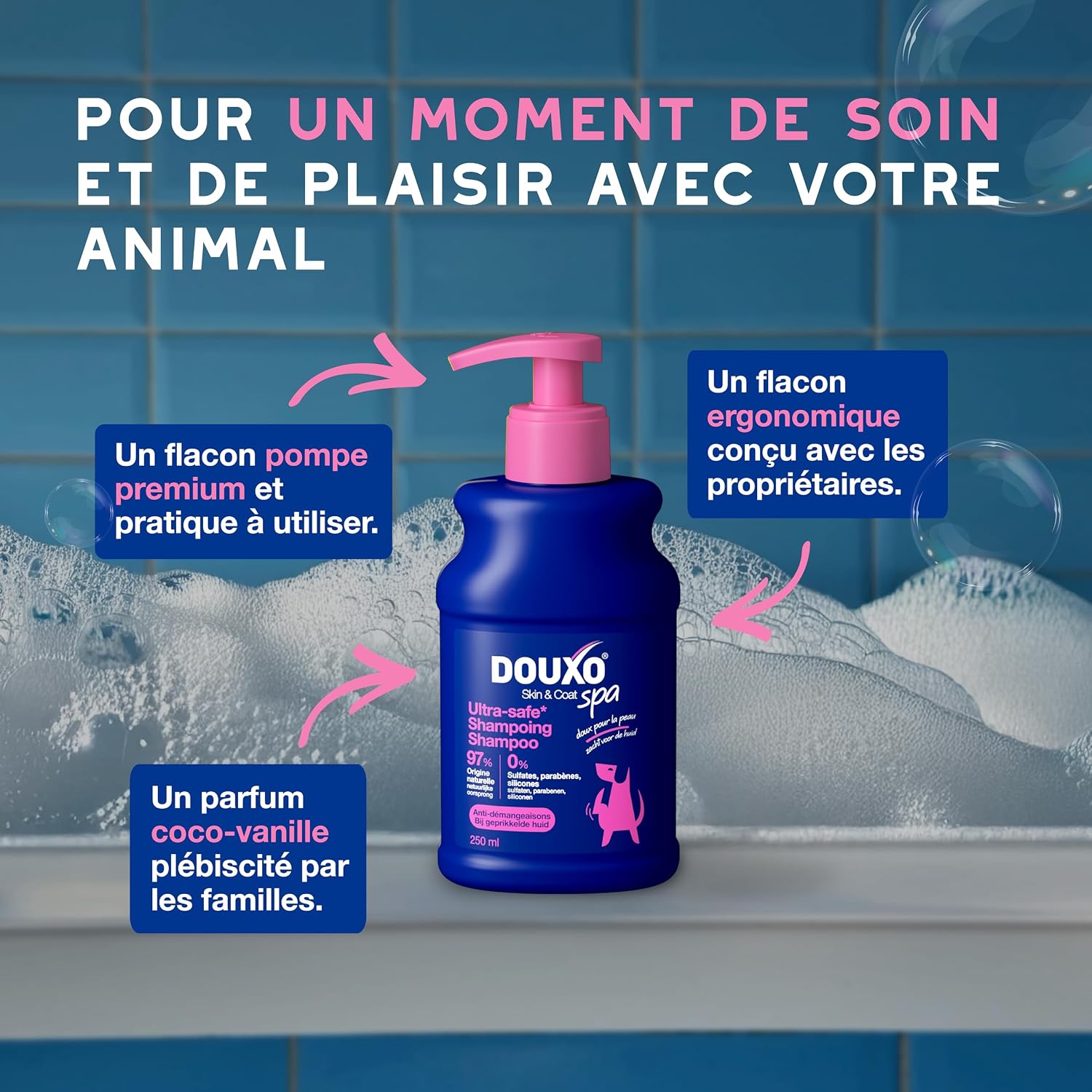 Detalle de Douxo Skin & Coat Spa Shampoing Anti-démangeaisons pour Chien – 250 mL, apaise la peau et laisse le pelage doux