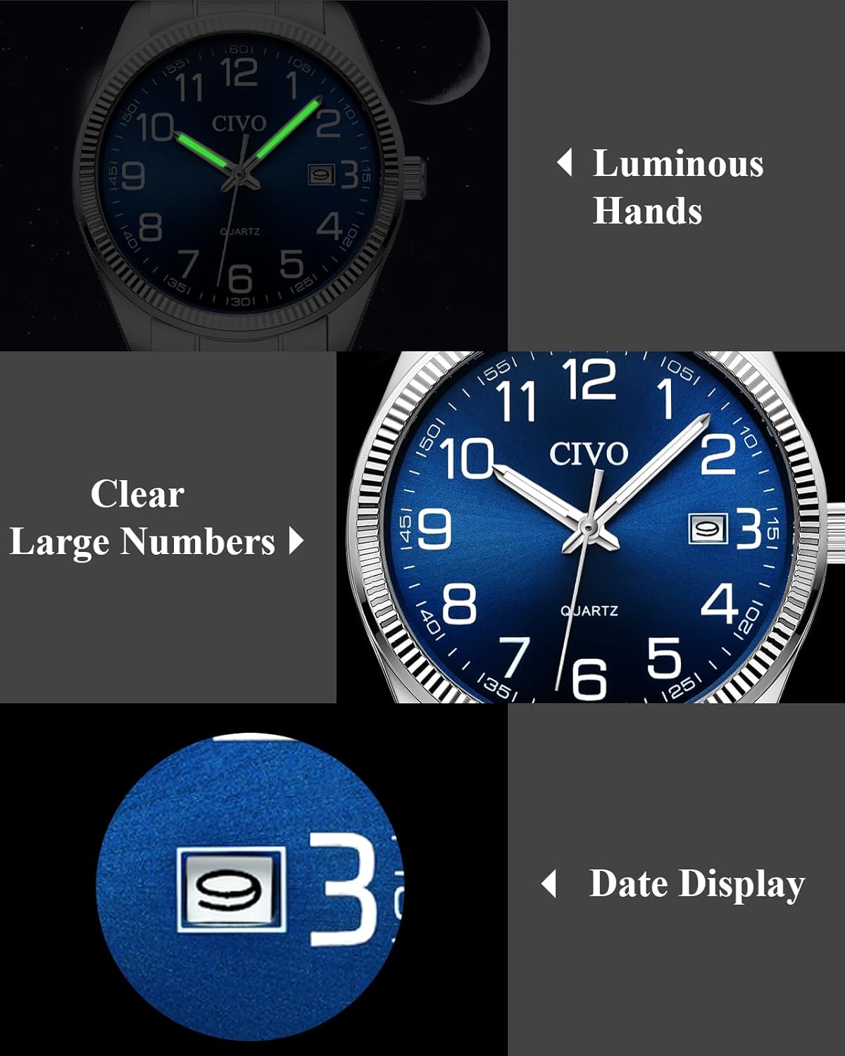 Thumbnail 1 de CIVO Silber Herrenuhr Leicht Lesbar
