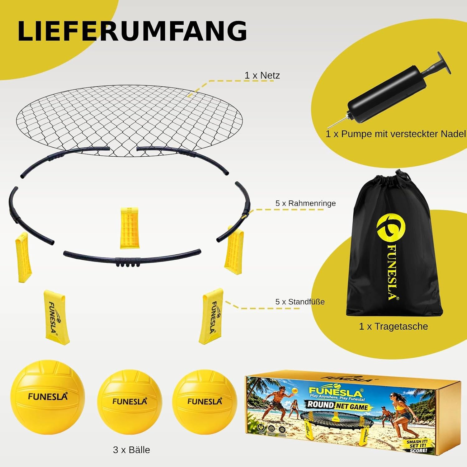 Detalle de Funesla Roundnet Set mit Tasche – Strand & Garten, direkter Steckmontage, 3 Bälle, Pumpe und Tragetasche
