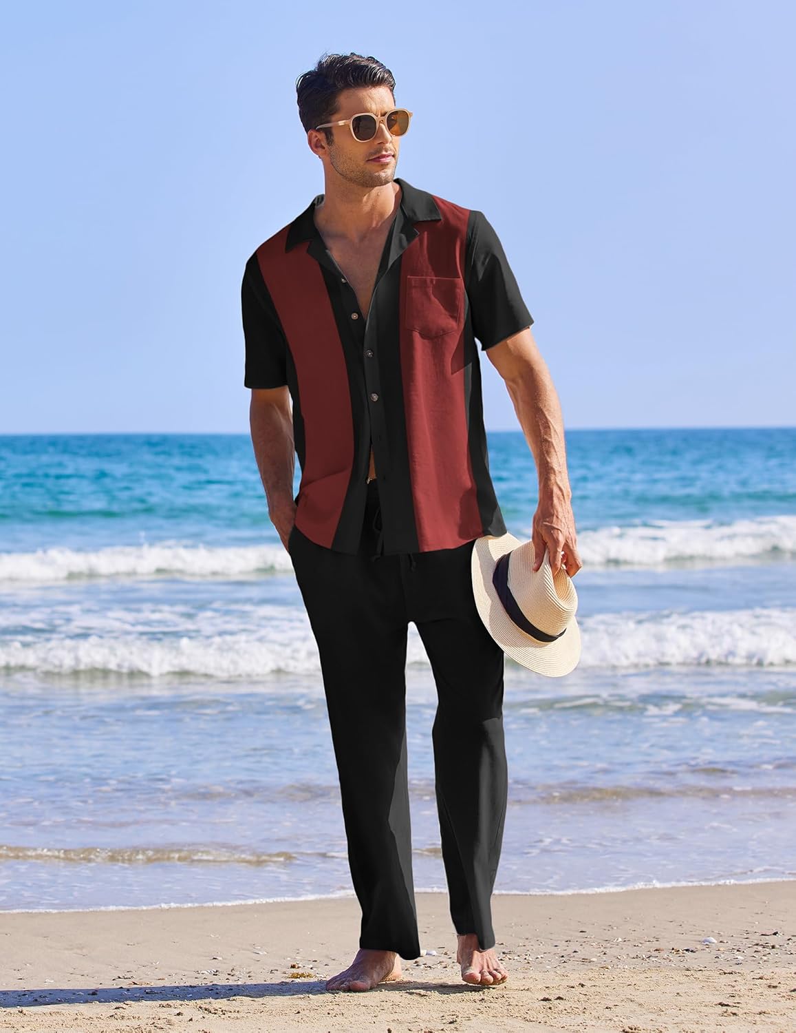 Thumbnail 4 de COOFANDY Men 2 Piece Linen Outfit: Beach Button-Down Shirt and Loose Pants Set