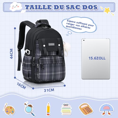 Detalle de Sisipoet Sac à Dos Fille Cartable Carreaux Imperméable – 21L, confort et polyvalence